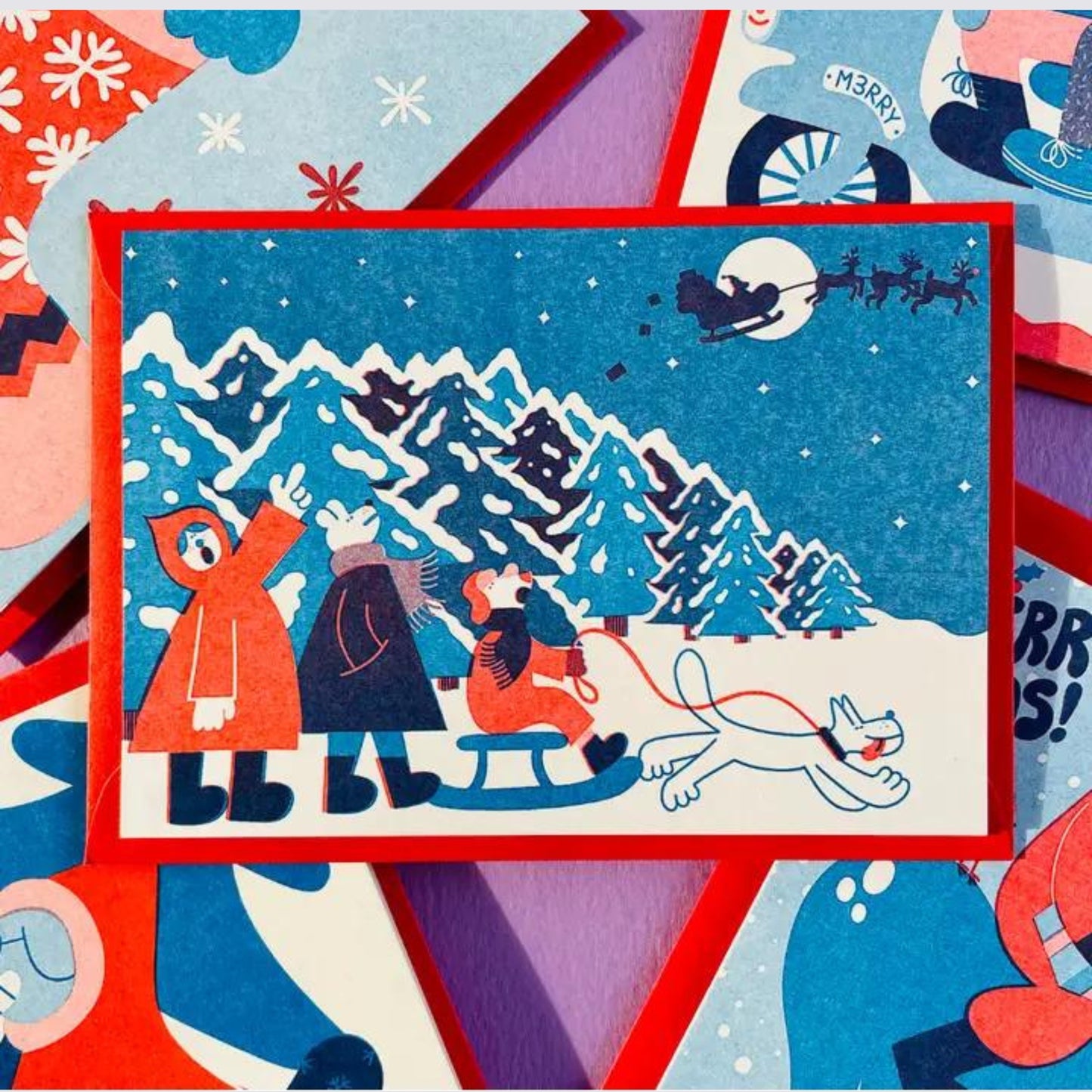 Santa in the Sky Sledge Christmas Card