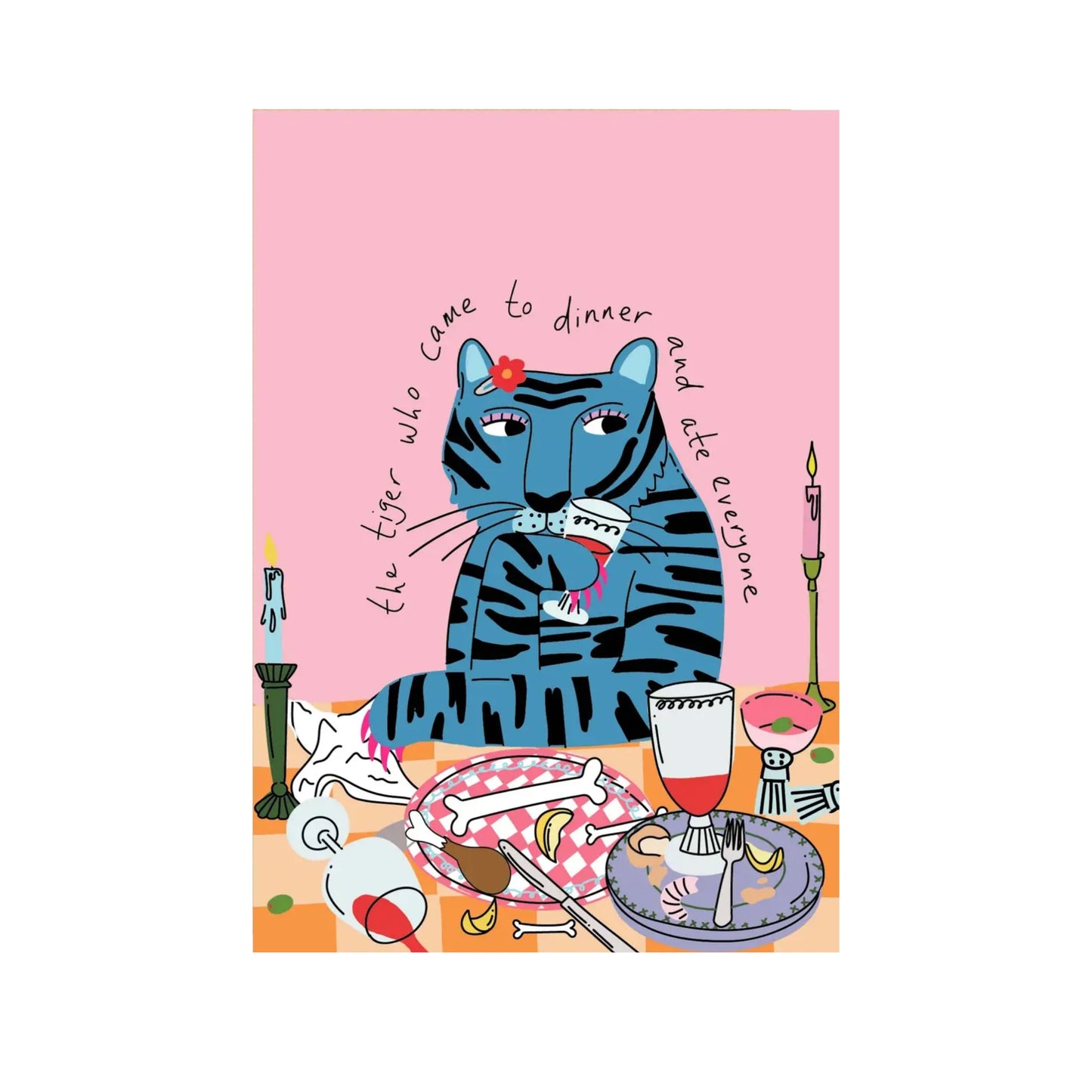 Tiger illustration card at dinner drinking wine.
