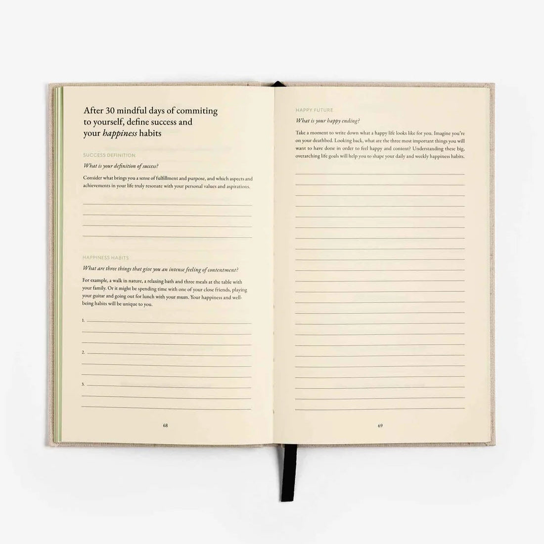 The Three Question Journal in Oat. A prompted for journal writing with a linen cover.