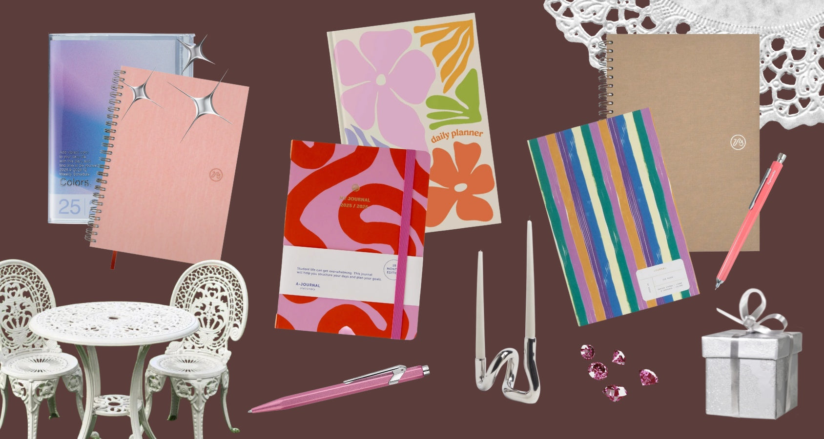Bright winter 2025 stationery colours including mocha, orange, purple and red notebooks