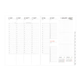 A double-page spread of a minimalist weekly planner layout from January 2027, shown on a plain white background. The planner features clean black and gray grid lines, weekly columns, and a small red highlighted date.