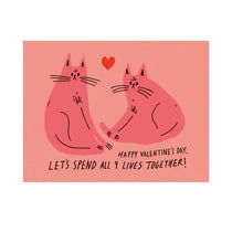 Nine Loves Cat card for Valentine's Day. Pink cat illustration. 