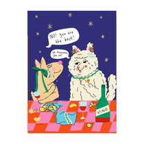 Greeting Card with bright and colourful illustration with a picnic and wine. Cat and dog illustration. Love and friendship card. 
