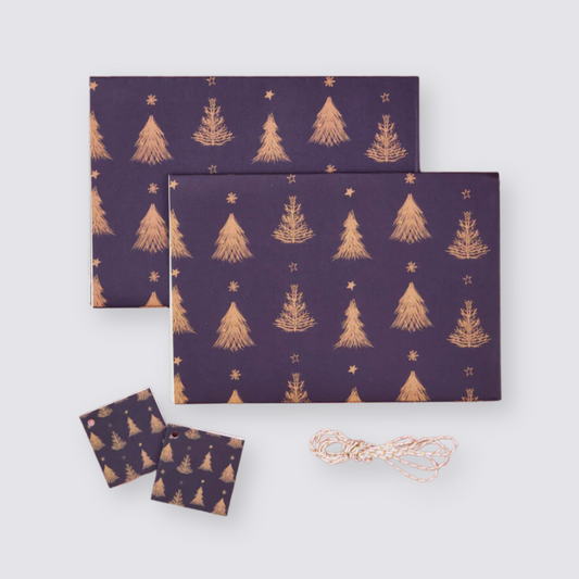 Purple christmas tree print gift wrap and gift tags set