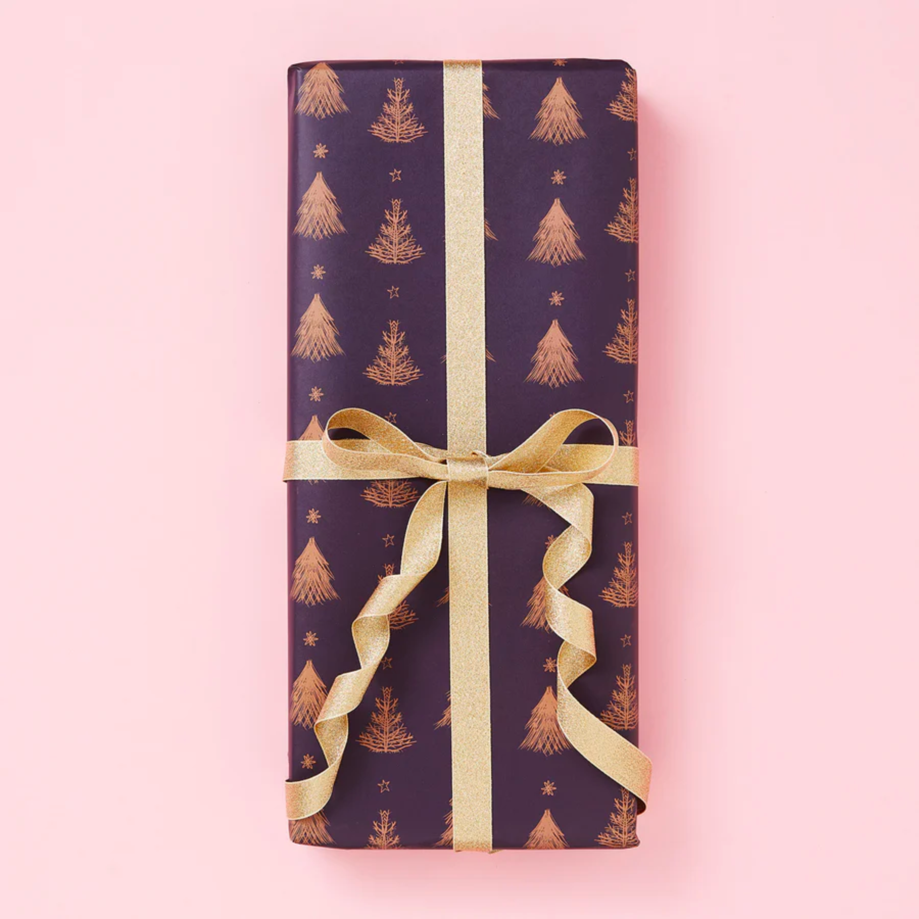 Purple christmas tree print gift wrap and gift tags set