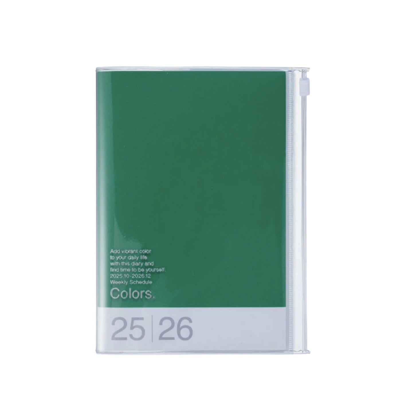 Green planner with white text on a white background