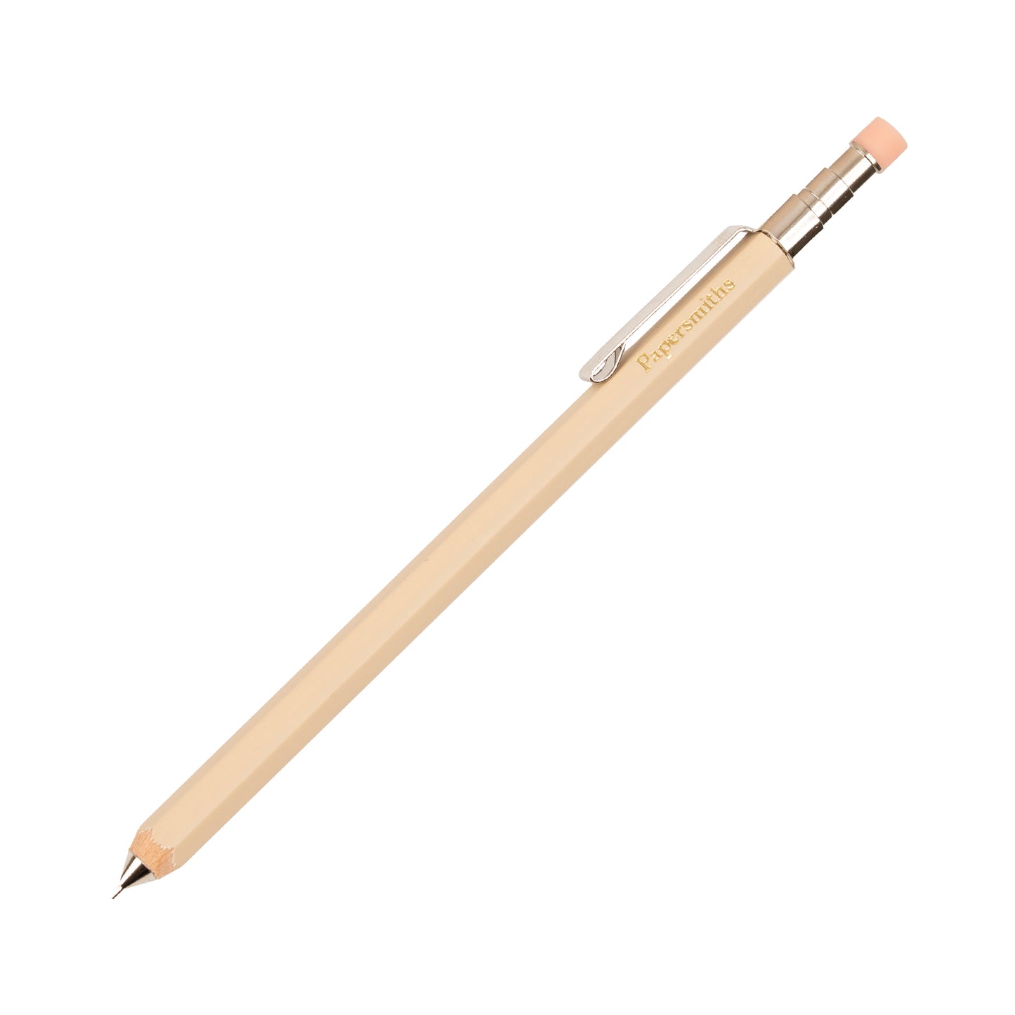 Beige pocket pencil with silver clip on a white background