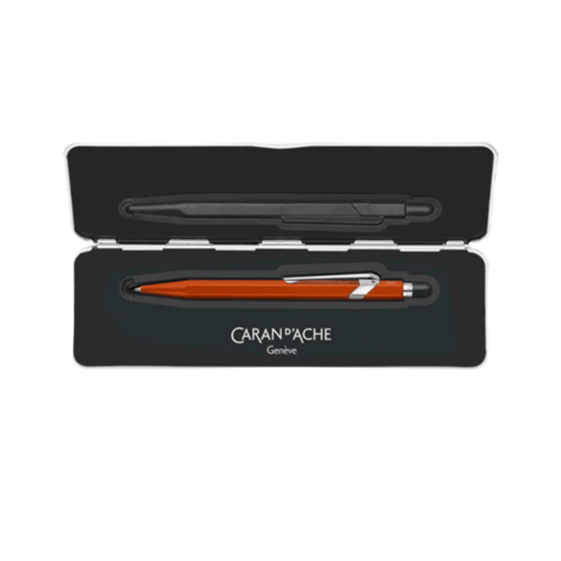caran dache orange pen in metal case