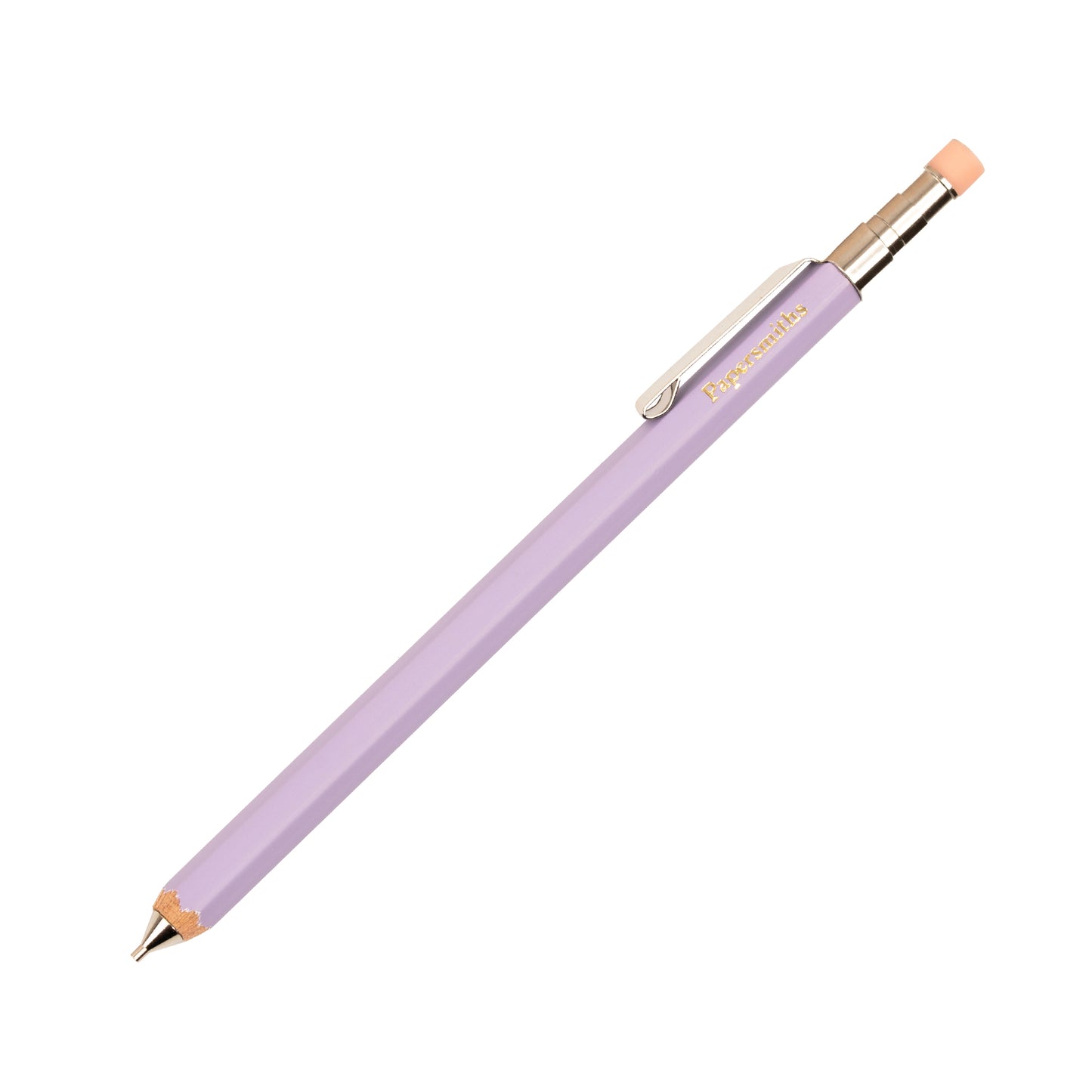 Lavender pencil with gold accents on a white background