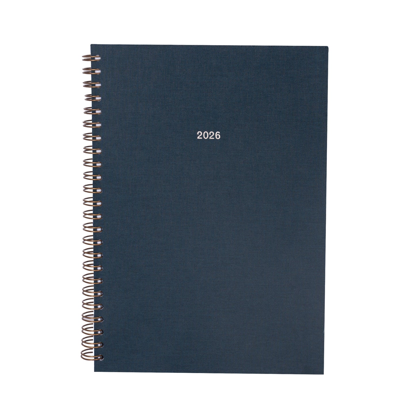 Navy blue planner with '2026' printed on it, featuring a gold spiral binding.
