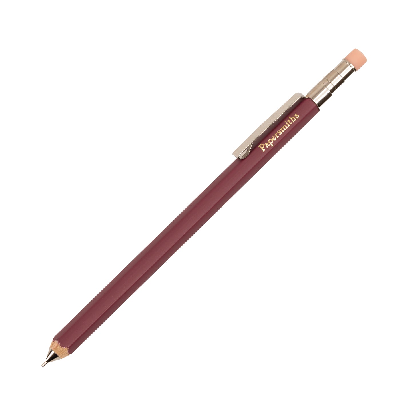 Maroon pencil with silver and gold accents on a white background