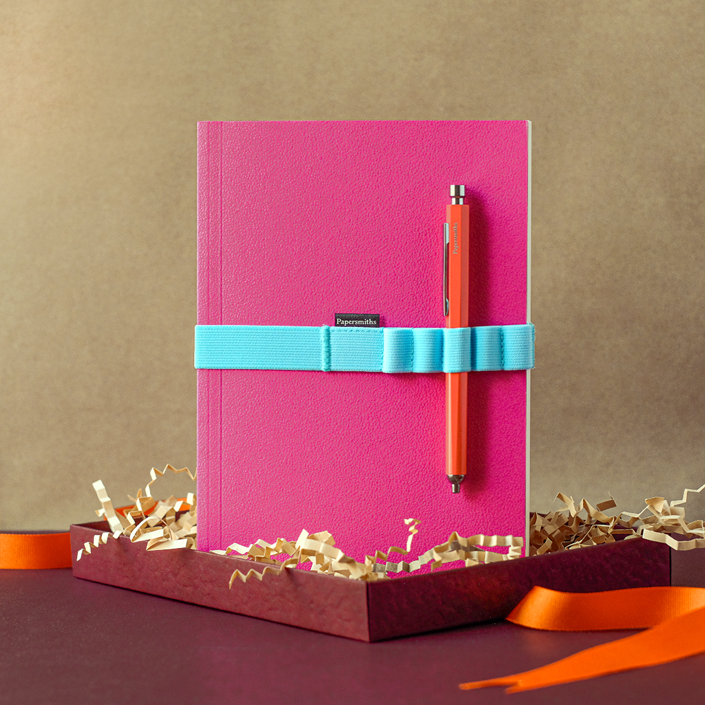 Fuchsia Notebook, Pen and Band Trio - Primo Ballpoint Pen / Ruled Paper