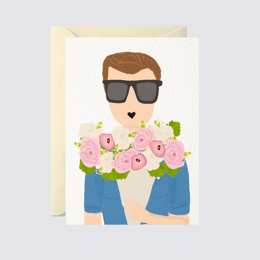 man with flowers card