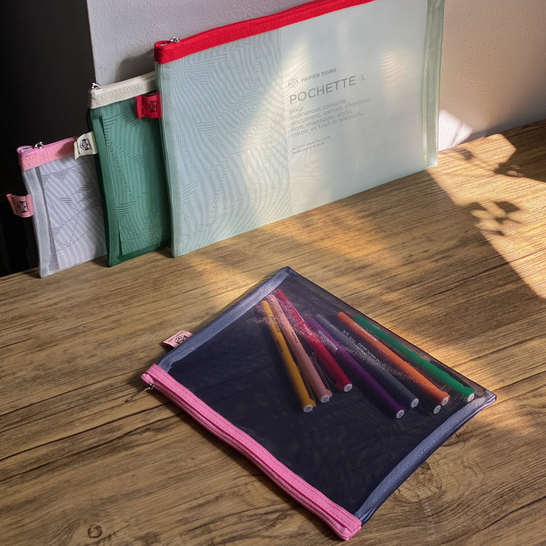 Black Pencil Case in Mesh with Pens