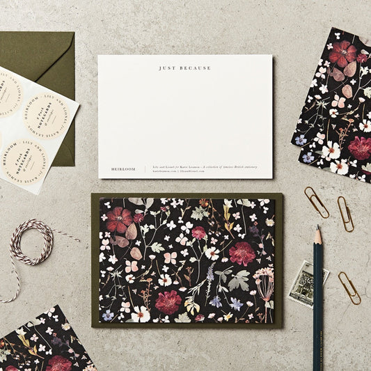 Black Pressed Floral Notecards Just Because - Set of 6
